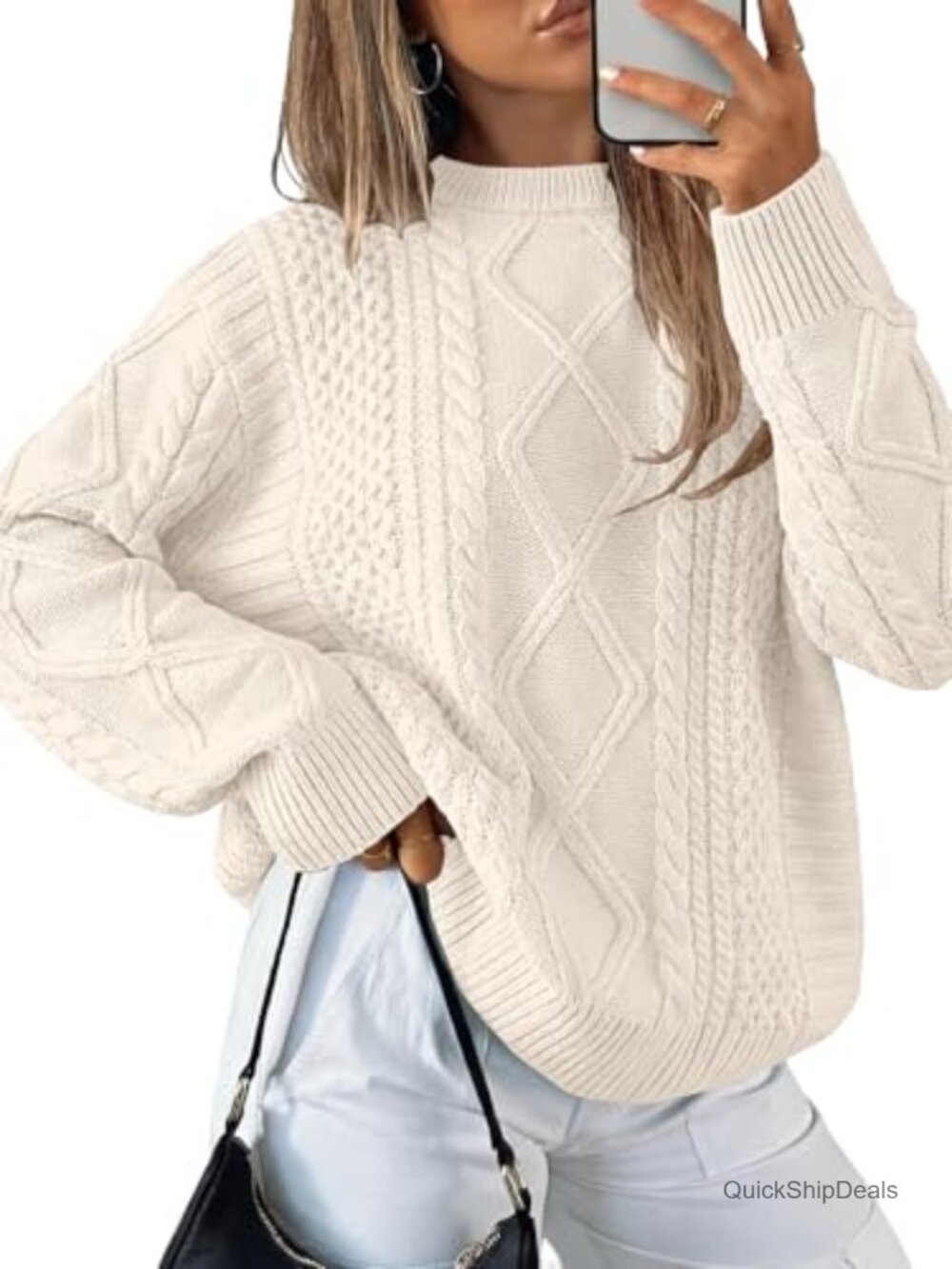 Oversized Cable Knit Crewneck Pullover Sweater Fall Winter Long Sleeve